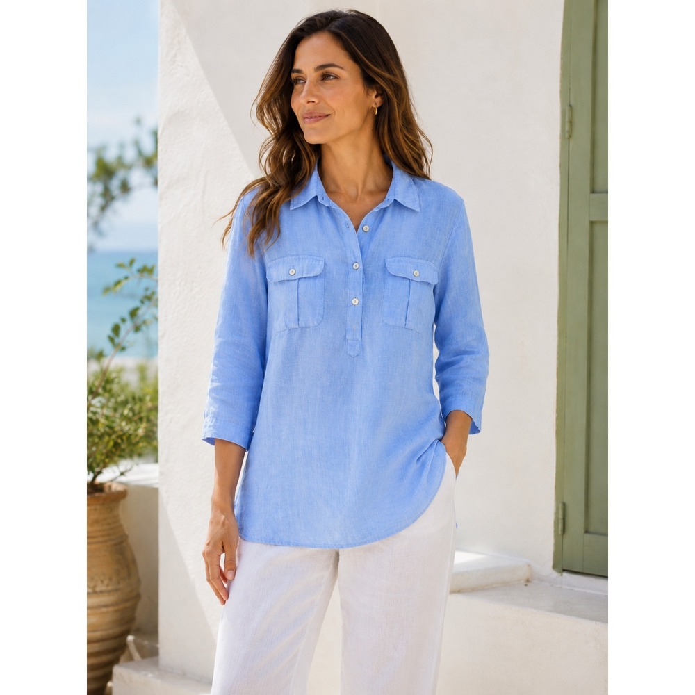 Jones & Co. 100% Linen Half Button Shirt Blue Top Large Resort Coastal *Flawed - Picture 1 of 12